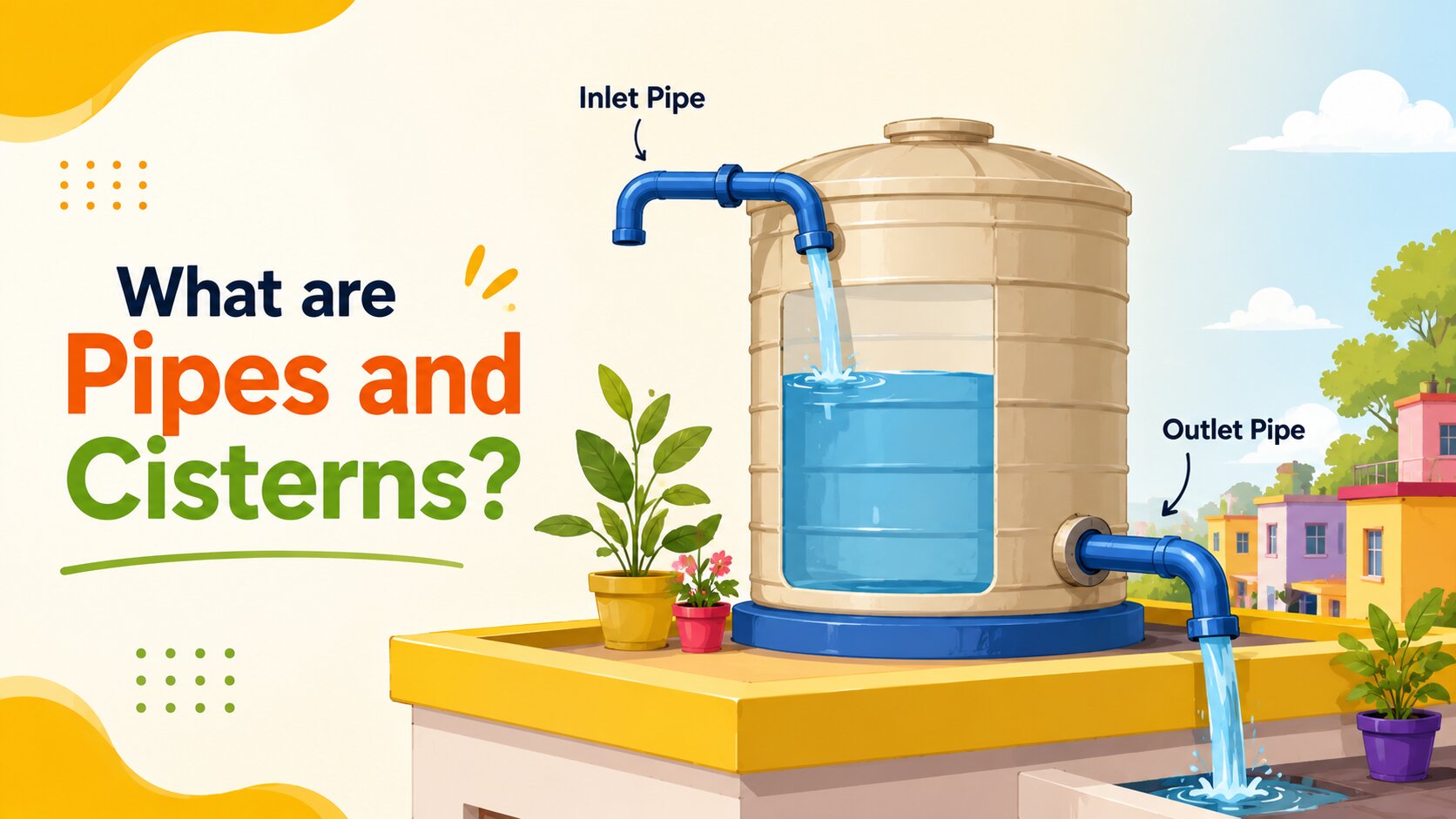 Water tank with inlet and outlet pipes illustrating the basic Pipes and Cisterns concept